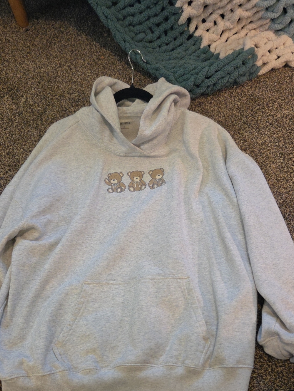 Light Gray Hooded Sweater with Teddy Bear Embroidery